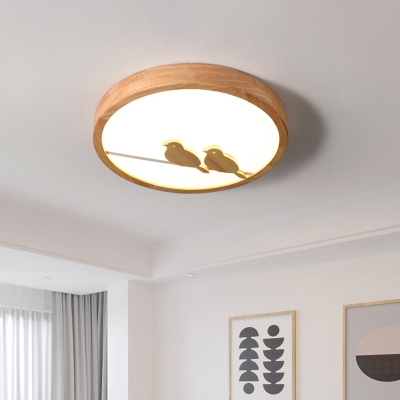 Nordic LED Flush Light Fixture Wood Ultrathin Circle Ceiling Flush Mount with Acrylic Shade and Bird Pattern