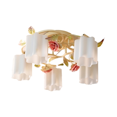 Pastoral Style Scalloped Semi Flush 3/5-Head Opal Glass Flush Mount with Rose Decor in White/Yellow
