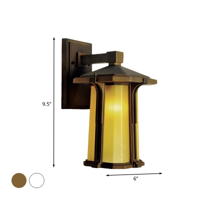 Pavilion Shaped White/Tan Glass Wall Light Traditional 1 Head Outdoor Wall Mount Lighting in Brass/Black