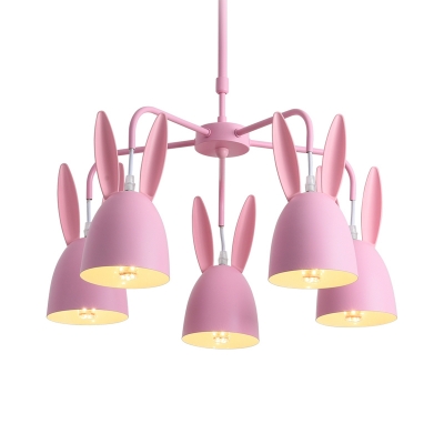 Pink Bunny Head Chandelier Cartoon Style 5 Lights Iron Suspended Lighting Fixture