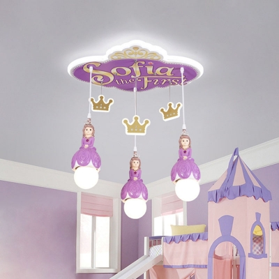 Purple Princess Multi Hanging Light Cartoon 3 Heads Acrylic Down Lighting Pendant with Exposed Bulb Design