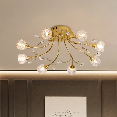 Radial Dining Room Semi Flush Light Postmodern Crystal 8 Heads Gold Ceiling Mount Chandelier