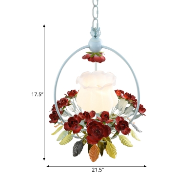 Red 1 Light Hanging Lamp Pastoral Milk Glass Scalloped Pendant with Flower and Leaf Decor