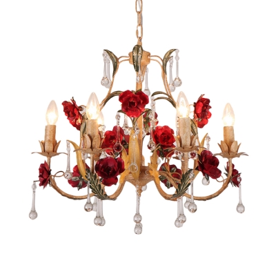 Red 3/6 Heads Chandelier Light Korean Flower Metal Candle Ceiling Lamp with Draping for Bedroom