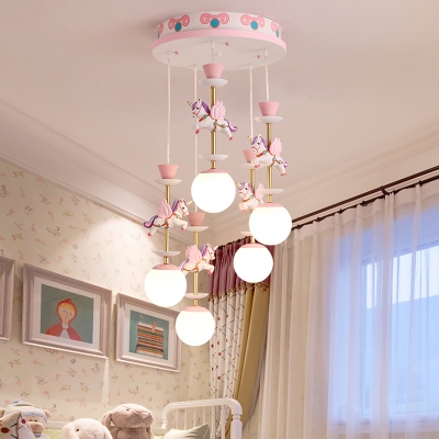 Resin Cluster Unicorn Pendant Kid 3/5 Heads Pink/Blue Hanging Light Fixture with Ball Ivory Glass Shade for Child Bedroom