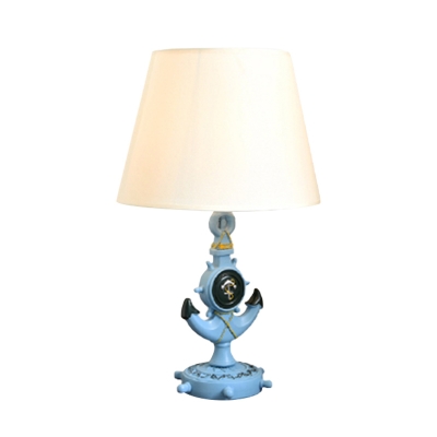 Resin Marine Anchor Table Light Mediterranean 1 Head Light-Blue Night Lamp with Cone Fabric Shade