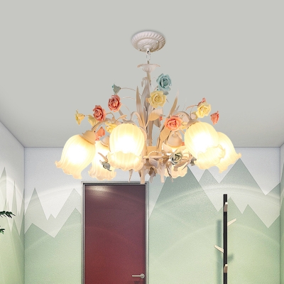 Romantic Pastoral Bloom Pendant 3/6 Heads White Glass Chandelier Light Fixture for Living Room