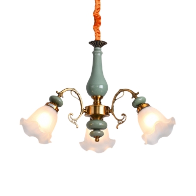Scalloped Bedroom Chandelier Light Traditionalism White Glass 3/5 Bulbs Pewter/Light Blue Pendant Lamp