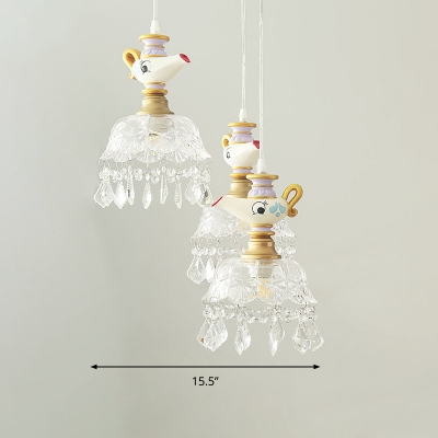 Scalloped Bowl Pendulum Light Kids Clear Glass 1/4-Light White Drop Pendant with Drape and Cartoon Kettle Top