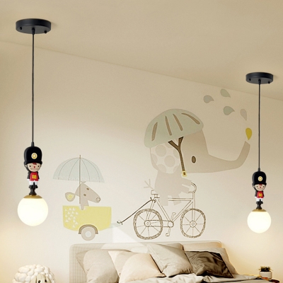 Soldier Pendant Ceiling Light Cartoon Resin Single Black Hanging Lamp with Orb Cream Glass Lamp Shade