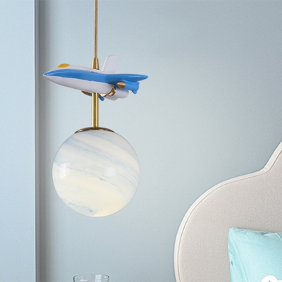 Sphere Pendant Ceiling Light Kids Gradient Blue/White Glass Single Nursery Suspension Lamp with Aircraft Decoration