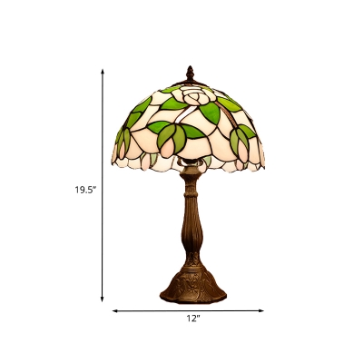 Stained Glass Domed Table Lighting Tiffany Style 1-Light Bronze Rose Patterned Night Lamp