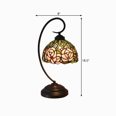 Tiffany Swooping Arm Night Light 1-Bulb Metallic Rose Patterned Table Lighting in Black/White with Dome Shade
