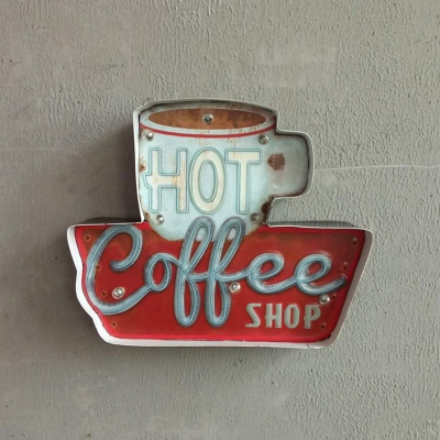 Vintage Coffee/Bottle Signboard Wall Lamp Metal Cafe Bar Handmade LED Night Table Light in White/Red