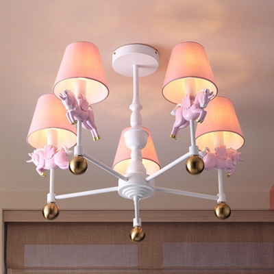 White Cone Chandelier Light Kids 3/5 Bulbs Fabric Pendant Lamp with Resin Unicorn Decoration