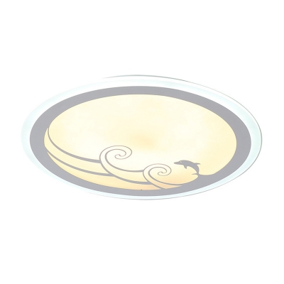White Ultrathin Round Ceiling Light Kids Acrylic LED Flush Mount Lamp with Dolphin and Surge Pattern, Warm/White Light