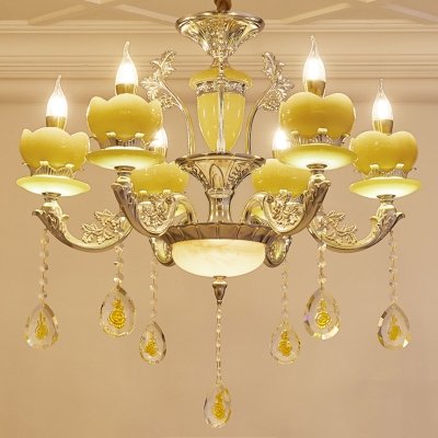 Yellow Glass Candle Pendant Lighting 6 Bulbs Bedroom Chandelier Lamp with Carved Arm in Gold