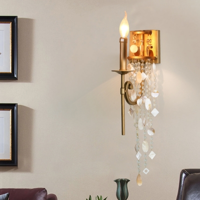 1 Bulb Candle Sconce Light Vintage Gold Metal Wall Lighting Fixture with Crystal Bead Strand