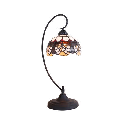 1 Bulb Table Lighting Baroque Bowl Stained Glass Shell Patterned Night Lamp in Black with Swirl Arm