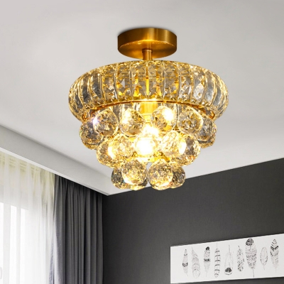 1 Head Close to Ceiling Light Postmodern Corridor Semi Flush Mount with Tapered Crystal Shade in Brass