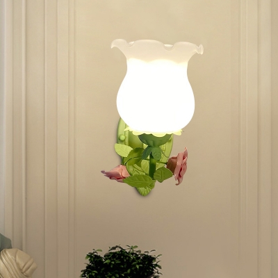 1 Head Metal Wall Mount Light Fixture Country Green/White Curved Arm Bedroom Sconce with Petal Frosted Glass Shade