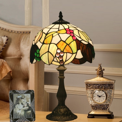 1-Light Grapes Patterned Desk Lamp Baroque Bronze Finish Hand Cut Glass Table Light with Dome Shade