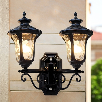 2-Head Dimple Glass Wall Sconce Retro Black Urn Outdoor Wall Mounted Light Fixture