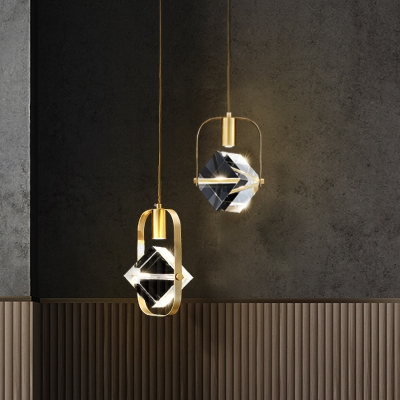 2-Head LED Multi Light Pendant Modern Style Cube Crystal Hanging Pendant in Gold