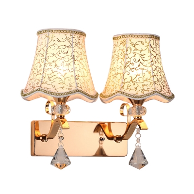 2-Head Waveform Crystal Sconce Light Modern Gold Fabric Wall Mounted Lamp for Bedroom