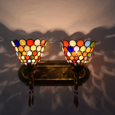 2 Heads Wall Mounted Light Tiffany Dots Bell Shaped Stained Art Glass Wall Sconce Lighting in Brass