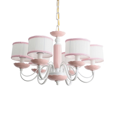 3/6 Heads Bedroom Hanging Lamp Macaron Pink/Blue Finish Ceiling Chandelier with Drum Fabric Shade