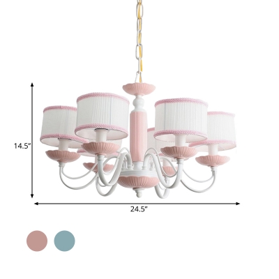 3/6 Heads Bedroom Hanging Lamp Macaron Pink/Blue Finish Ceiling Chandelier with Drum Fabric Shade