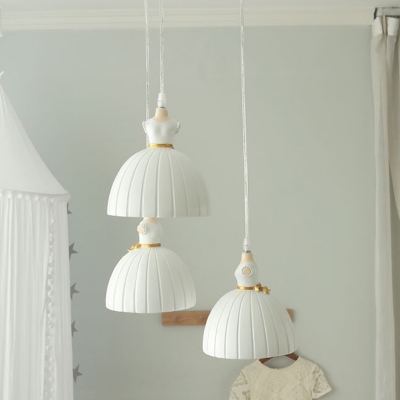 3-Light Bedroom Cluster Pendant Kids White Ceiling Hang Fixture with Dress Resin Shade