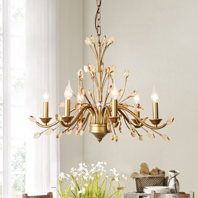 6-Head Candle Suspension Pendant Traditionalism Gold Metal Chandelier with Crystal Accent
