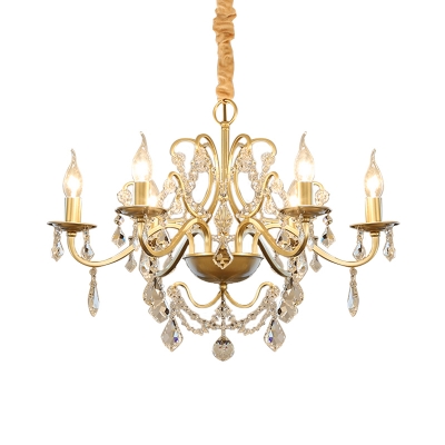 6 Heads Scrolled Arm Pendant Light Countryside Gold Crystal Chandelier with Open Bulb Design