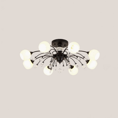 8 Bulbs Bedroom Semi Flushmount Modernism Black Finish Crystal Flush Mount with Ball Opal Glass Shade
