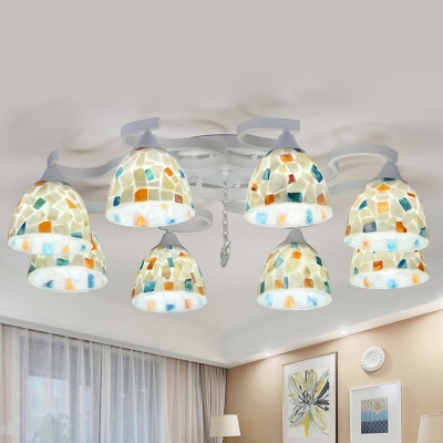 8 Heads Living Room Ceiling Lamp Victorian White Mosaic Patterned Semi Flush Mount with Dome Shell Shade