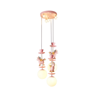Ball Shade Multi Hanging Light Cartoon Ivory Glass 3/5 Lights Pink Drop Pendant with Unicorn Top