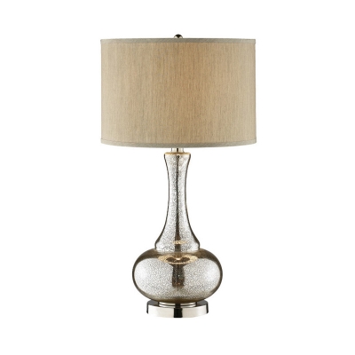 Beige Drum Shade Night Lamp Contemporary 1 Bulb Fabric Table Lighting with Long-Neck Gourd Base