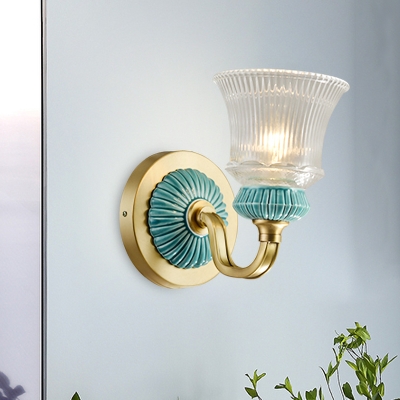 Bell Bedroom Wall Mount Lighting Rural Style Clear Ribbed Glass 1 Light Gold Wall Sconce with Swirl Arm