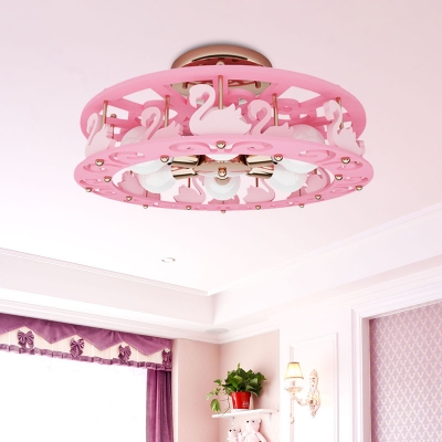 Bird/Angel Merry-Go-Round Semi Flush Kids Metal 6 Bulbs Bedroom Close to Ceiling Light Fixture in Pink