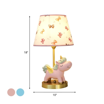 Blue/Pink Conical Desk Lamp Cartoon 1-Light Fabric Night Table Light with Resin Unicorn Decoration