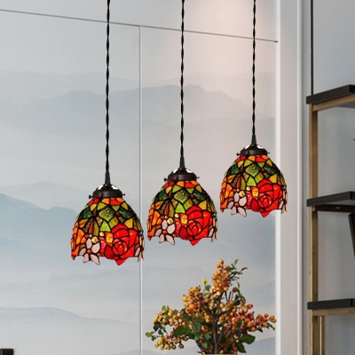 Bowl Down Lighting Pendant 3-Bulb Red Flower/Beige Dragonfly/Yellow Grapes Stained Glass Tiffany Hanging Light Kit