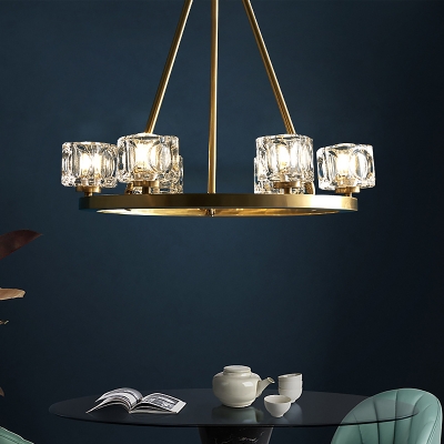 Brass 6 Bulbs Chandelier Lamp Postmodern Crystal Block Cube Pendant Light with Round Design