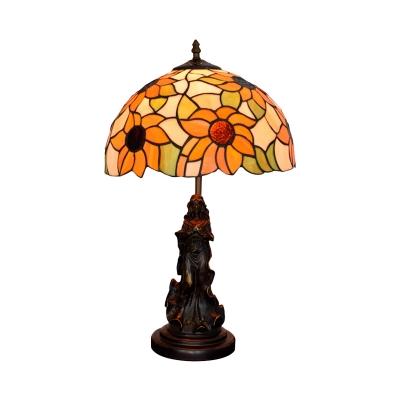 Bronze 1-Head Sunflower Night Table Light Mediterranean Stained Art Glass Domed Desk Lamp with Godness Design