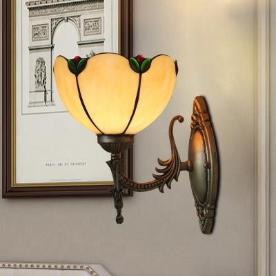 Bronze Single-Bulb Wall Lighting Tiffany Style Beige Glass Scalloped Sconce with Flower Detail
