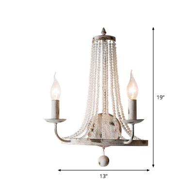 Candle Bedroom Sconce Lamp Traditional Iron 2 Heads White Wall Light with Crystal Strand