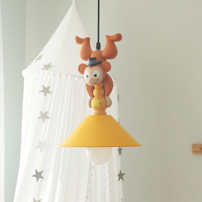 Cartoon Cone Shade Hanging Pendant Iron 1/3-Head Kids Bedroom Suspension Lamp with Monkey Top in Orange-Yellow