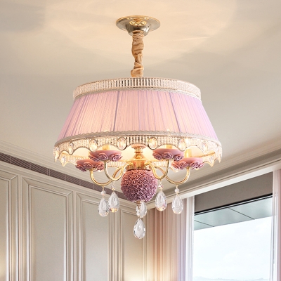 Ceramic Candle Chandelier Pastoral 5 Bulbs Bedroom Pendant with Fabric Shade and Crystal in Pink/Blue/Light Beige