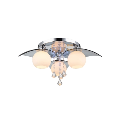 Chrome Globe Semi Flush Lamp Modernist 3 Heads Frosted White Glass Ceiling Flush with Crystal Accent